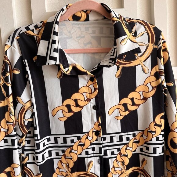 Womens Print Button Down Collar Long Sleeve Shirt Mini Dress - Picture 3 of 3